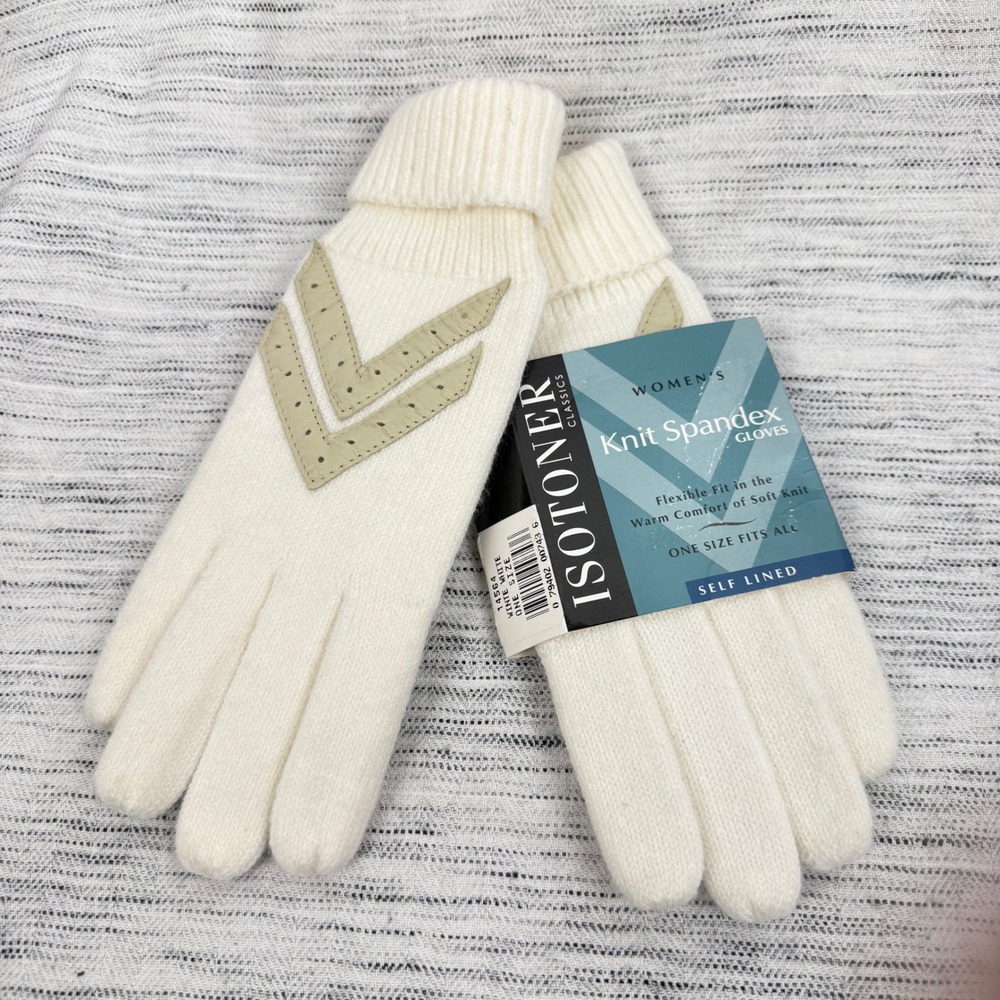 NEW Vintage Isotoner Women's Knit Spandex Gloves White One Size Preppy Minimal